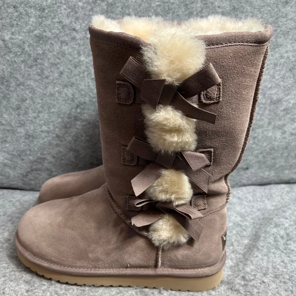 Koolaburra by UGG Victoria Tall Boots Taupe Suede Triple Bow Winter Womens Sz 6
